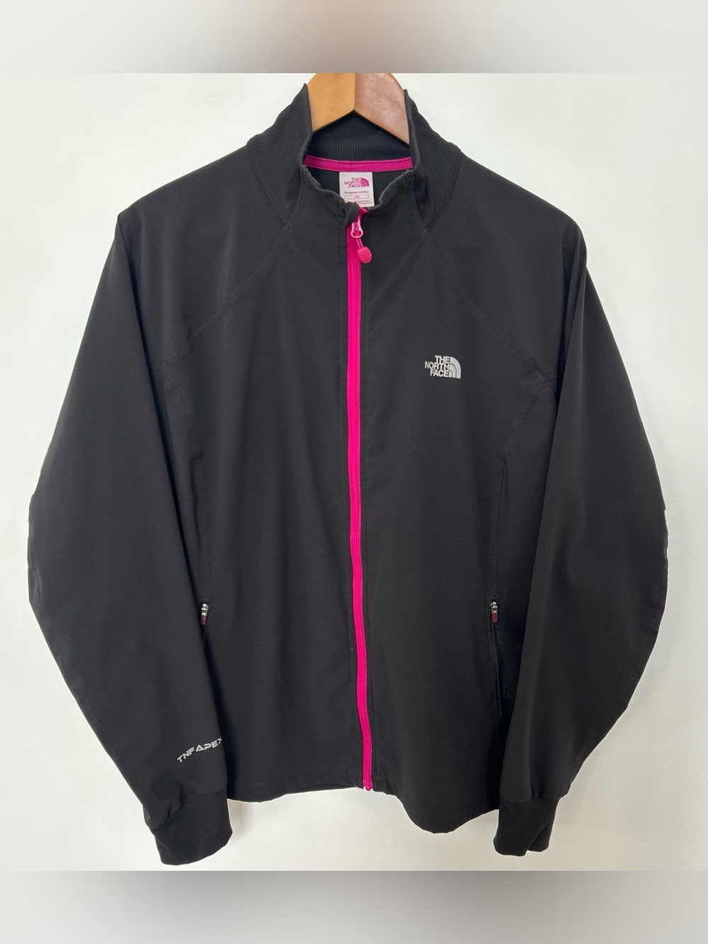 The North Face TNF Apex Jacket Women’s Large Black Pink Full Zip Softshell 21x25